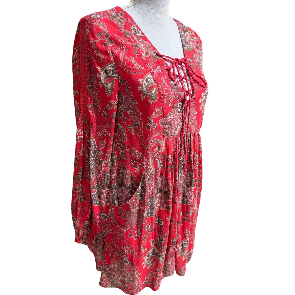 Free People Paisley Floral Lace Up Mini Dress Tunic Red XS Boho Crochet Peasant